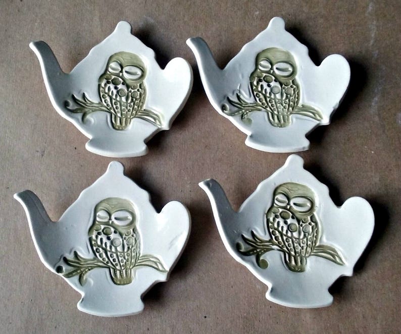 Four Ceramic Teapot Tea Bag Holders Spoon Rest Sage Green Owls Etsy