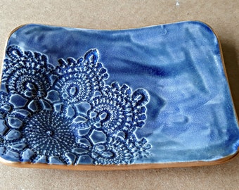 Ceramic Lace Trinket Dish Denim Blue edged in Gold   Wholesale  available