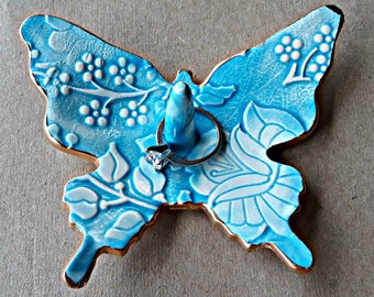 Ceramic Turquoise damask Butterfly Ring Dish edged in gold bridesmaid gift   Wholesale  available