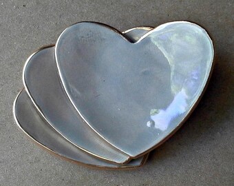 TWO Taupe gray Heart Ring Bowls 2 1/2 inches itty bitty edged in gold ***ONLY TWO*****