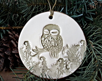 Ceramic Christmas Ornament, Sage green Owl, edged in gold