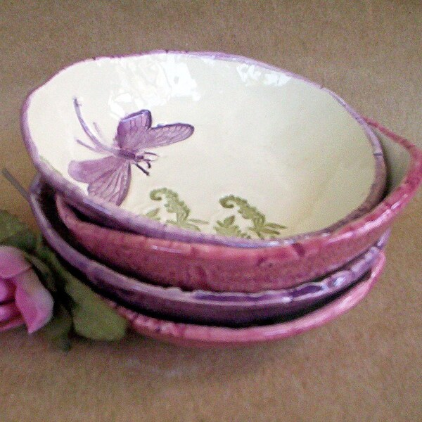 Ceramic Set of FOUR Hand Built Pottery Dragonfly Prep Bowls