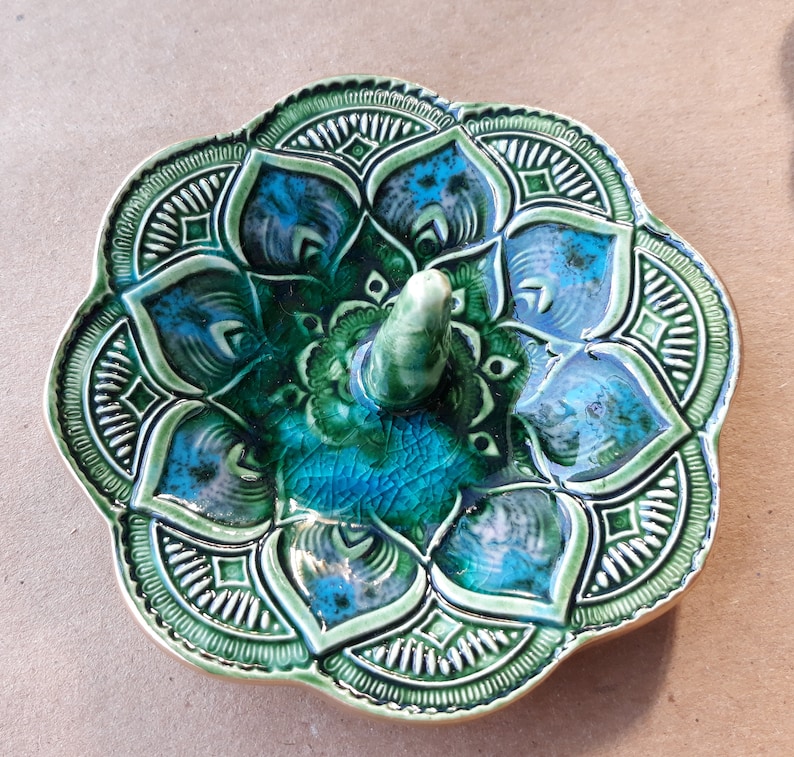 SALE set TWO Ceramic Mandala Ring Holder Ring Dish Peacock Green with blue Wholesale available