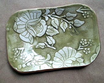 Ceramic Sage Olive Damask Trinket Dish Jewelry Holder Dish Soap dish edged in gold   Wholesale  available