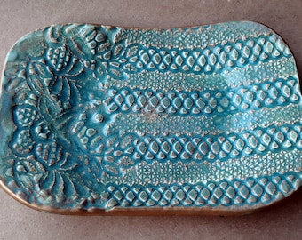 Ceramic Lace Trinket Dish Sea green edged in Gold