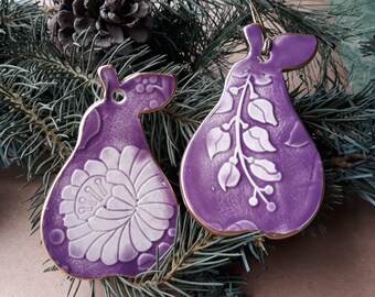 TWO Ceramic Pear Christmas Ornaments Holiday Decor Purple edged in gold Christmas tree ornament
