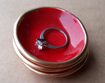 THREE Tiny Ceramic Ring Bowl  Ring Dish Ring Holder Deep Red  edged in gold  2 1/2 inches round Wholesale  available