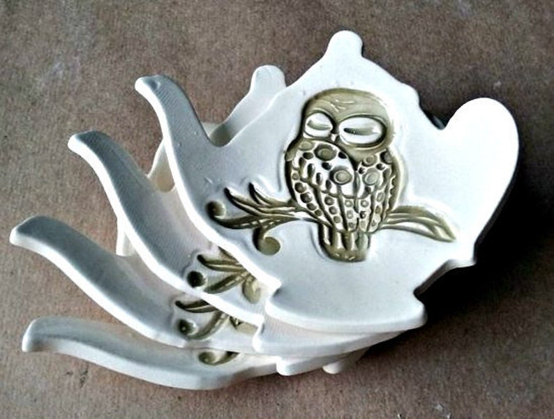 Four Ceramic Teapot Tea Bag Holders Spoon Rest Sage Green Owls Etsy