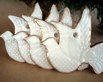 Four Ceramic Doves Christmas Ornaments  OFF WHITE First Communion  Baptism Christening  Confirmation edged in gold