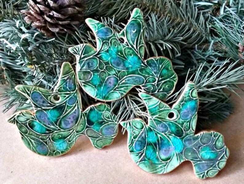 THREE Ceramic Dove Christmas Ornaments Baptism favors PEACOCK GREEN edged in gold Wholesale available
