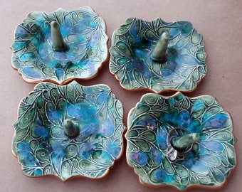 SALE set of Four Ceramic Ring holder Peacock green  3 3/4 inches long   Wholesale  available