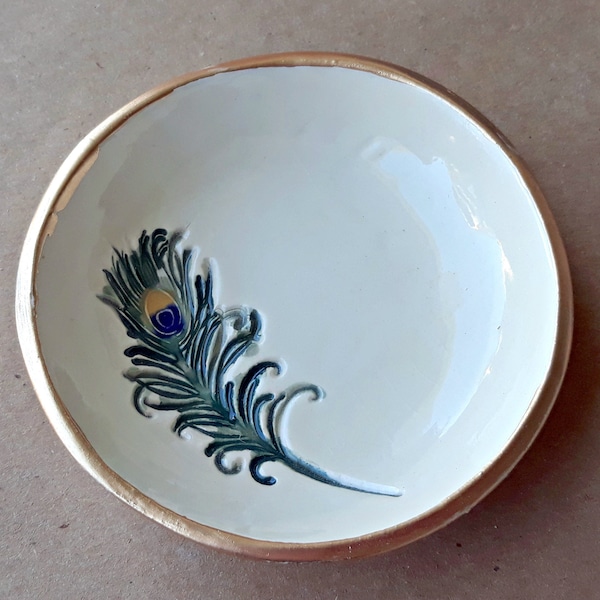 Ceramic peacock feather Ring Holder Bowl OFF WHITE with  edged in gold   Wholesale  available