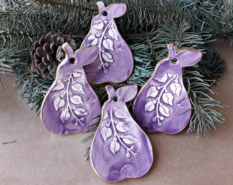 FOUR Ceramic Pear Christmas Ornaments Holiday Decor Purple edged in gold