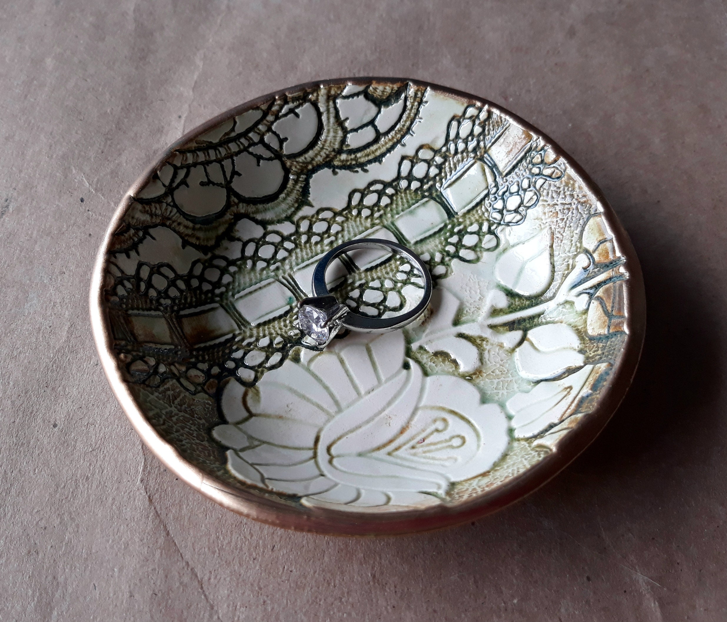 Ceramic Ring Bowl Trinket Dish Moss Green Gold Edged With Lace Etsy UK