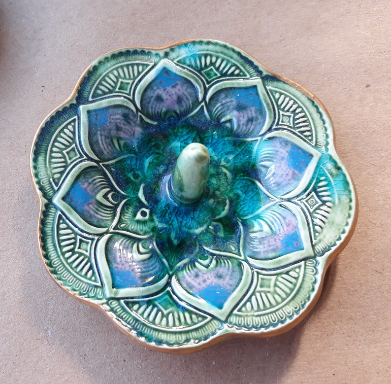 SALE set TWO Ceramic Mandala Ring Holder Ring Dish Peacock Green with blue Wholesale available