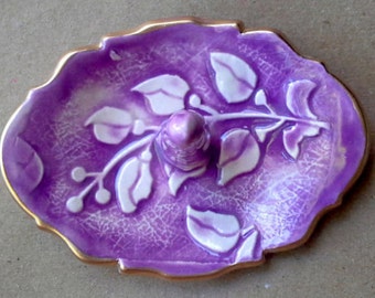 Ceramic  Ring Holder Purple Vine edged in gold  3 1/4 inches long   Wholesale  available