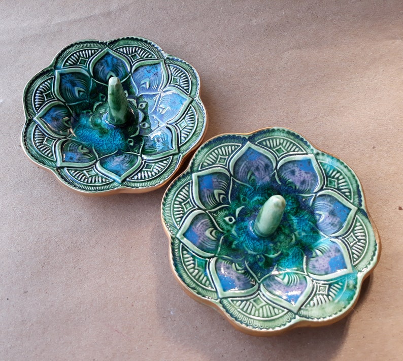 SALE set TWO Ceramic Mandala Ring Holder Ring Dish Peacock Green with blue Wholesale available