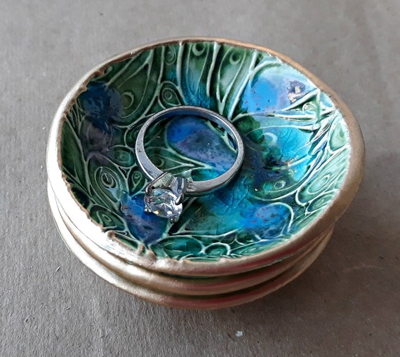 THREE Tiny Ceramic Ring Bowl Ring Dish Ring Holder Peacock green edged in gold 2 12 inches round Wholesale available