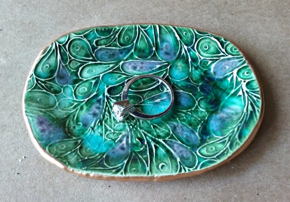 THREE Tiny Ceramic Ring Bowl Ring Dish Ring Holder Peacock green edged in gold 2 12 inches round Wholesale available