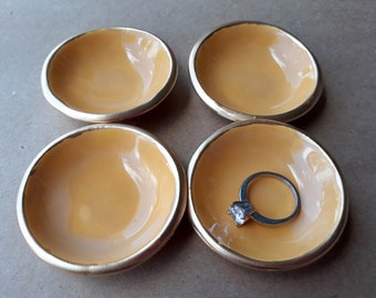 Four Tiny Ceramic Ring Bowl  Ring Dish Ring Holder 2 1/4 Butternut edged in gold   Wholesale  available