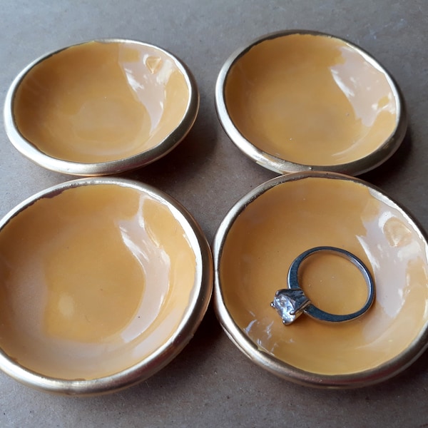 Four Tiny Ceramic Ring Bowl  Ring Dish Ring Holder 2 1/4 Butternut edged in gold   Wholesale  available