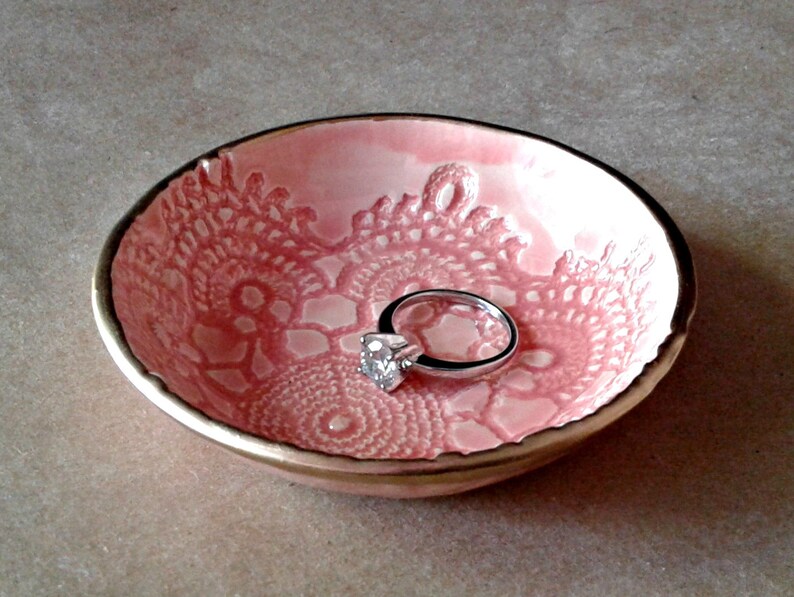 Ceramic Ring Bowl Trinket bowl Coral lace Gold edged Etsy