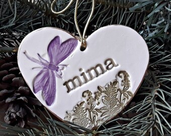Christmas Mima Ceramic Heart, Christmas Ornament, edged in gold