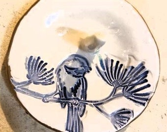 Ceramic Bird Ring Holder Ring Dish Ring bowl gold edged  Blue bird on off white