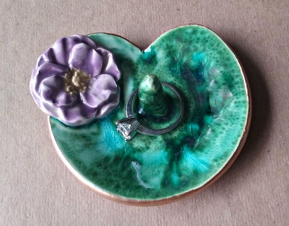 THREE Tiny Ceramic Ring Bowl Ring Dish Ring Holder Peacock green edged in gold 2 12 inches round Wholesale available