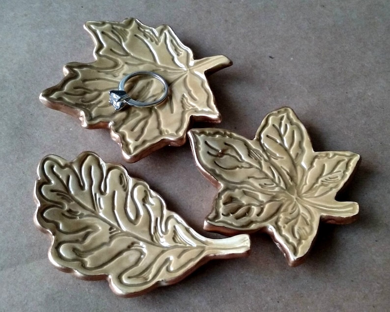 Three Ceramic Ring Dishes Ring Holders Ring bowls Fall Leaves edged in gold Mustard Yellow Wholesale available