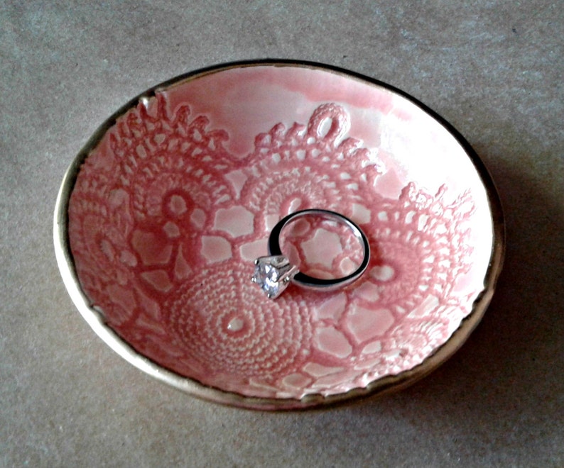 Ceramic Ring Bowl Trinket bowl Coral lace Gold edged Etsy