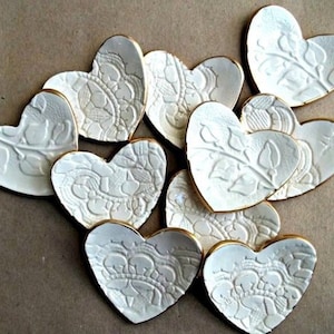 THREE Ceramic Off White Lace Heart Ring Dish itty bitty  ring bowl edged in gold baptism favors  bridal shower   Wholesale  available