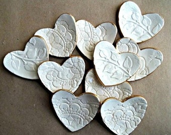 THREE Ceramic Off White Lace Heart Ring Dish itty bitty  ring bowl edged in gold baptism favors  bridal shower   Wholesale  available