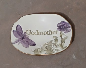 Ceramic Trinket Dish Ring Bowl Ring Dish edged in gold Godmother  Mothers Day Gift