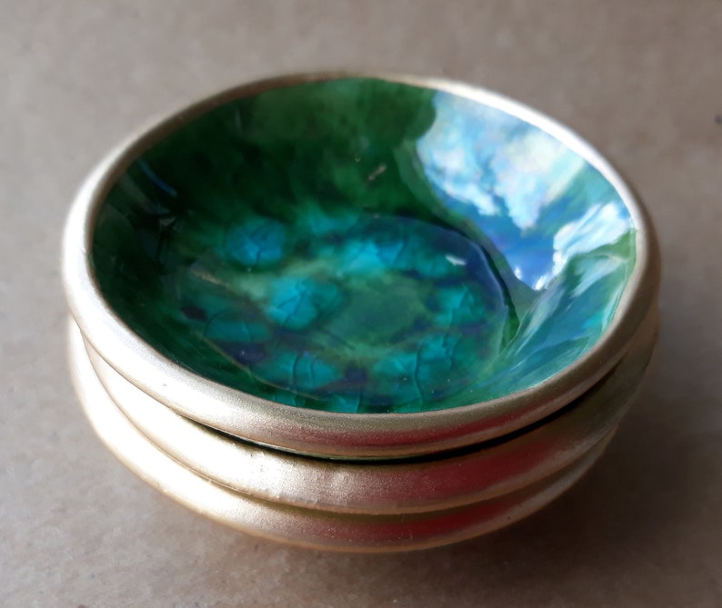 THREE Tiny Ceramic Ring Bowl Ring Dish Ring Holder Peacock green edged in gold 2 12 inches round Wholesale available