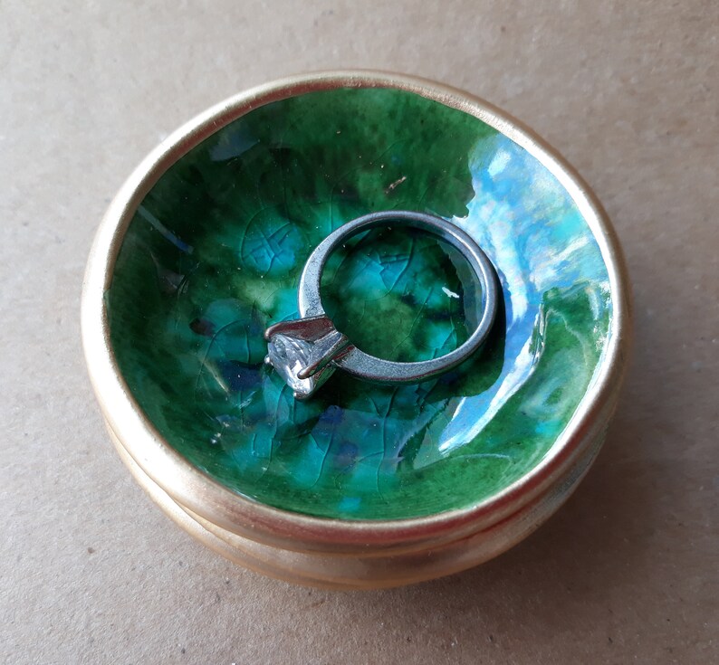 THREE Tiny Ceramic Ring Bowl Ring Dish Ring Holder Peacock green edged in gold 2 12 inches round Wholesale available