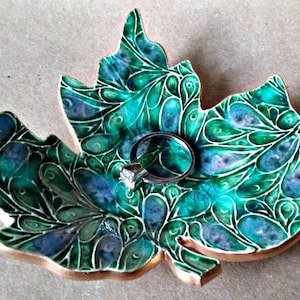 Ceramic Leaf Ring Dish Ring Bowl Ring Holder Jewelry dish trinket dish Peacock Green with gold edging