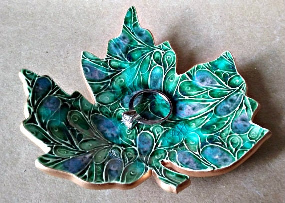 Ceramic Leaf Ring Dish Ring Bowl Ring Holder Jewelry dish trinket dish Peacock Green with gold edging