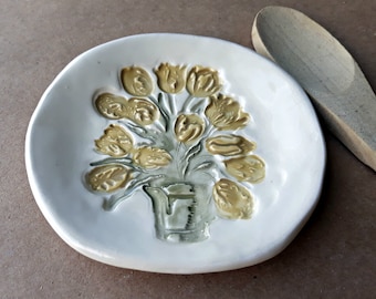 Ceramic Spoon Rest/Soap/Trinket Dish (Yellow Tulips)