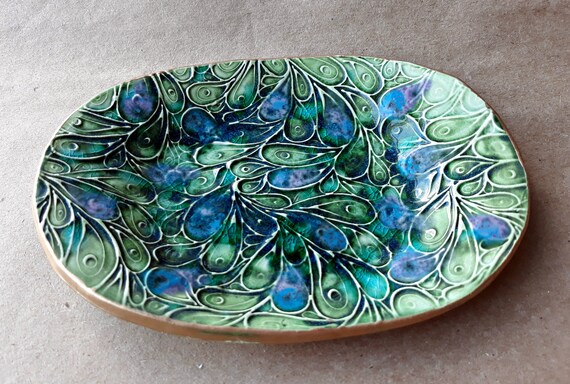 THREE Tiny Ceramic Ring Bowl Ring Dish Ring Holder Peacock green edged in gold 2 12 inches round Wholesale available