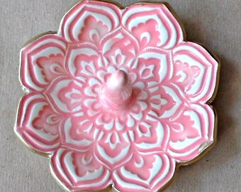 Ceramic Ring Holder Ring Bowl Ring Dish Coral Lotus 3 1/4 inches  round with gold edging   Wholesale  available