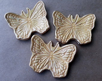 THREE Tiny Ceramic Butterfly Ring Dishes 2 1/2 inches wide Yellow edged in gold