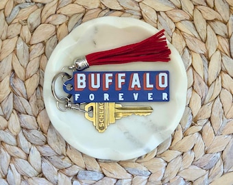 Llavero Buffalo Forever Block, dije para bolso azul y rojo / Ideas para regalos de fútbol o hockey