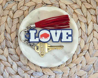 Llavero "Buffalo Love", dije para bolso azul y rojo, ideas de regalo para fanáticos del fútbol o el hockey