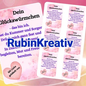 Könnte beinhalten: Zwei weiße Karten mit deutschem Text und einem rosa Herz-Grafik. Die Karten zeigen den Text "Dein Glückswürmchen" und "RubinKreativ". Der Hintergrund ist ein Farbverlauf aus Rosa und Weiß.