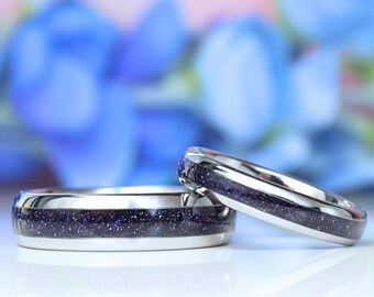 Matching Couples Blue Sandstone Starry Night Ring Set, Feyre and Rhysand ACOTAR inspired Wedding Bands, His and Hers Anniversary Rings Gift