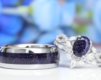 Couples Blue Sandstone Starry Night Ring Set, ACOTAR inspired Wedding Engagement, His and Hers Galaxy Bands Sterling Silver and Tungsten