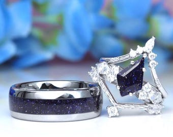 ACOTAR Inspired Night Court Wedding Ring Set, Stary Night Velaris Couples Engagement Rings, Feyre and Rhysand, Booktok Gift, Blue Sandstone