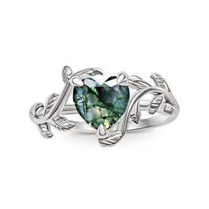Heart Shaped Moss Agate Ring 925 Sterling Silver, Nature Inspired Moss Agate Crystal Solitaire Leaf and Vine Band, Alternative Engagement