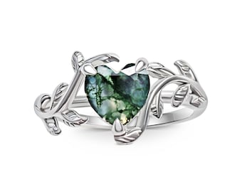 Heart Shaped Moss Agate Ring 925 Sterling Silver, Nature Inspired Moss Agate Crystal Solitaire Leaf and Vine Band, Alternative Engagement